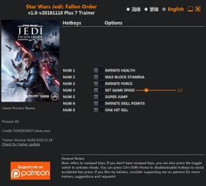Star Wars Jedi: Fallen Order Trainer for PC game version v18.11.2019