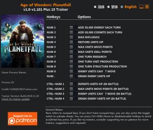 Age of Wonders: Planetfall  Trainer for PC game version v1.101