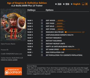 Age of Empires II: Definitive Edition Trainer for PC game version v1.0 Build 33059