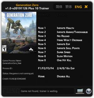 Generation Zero Trainer for PC game version v26.11.2019