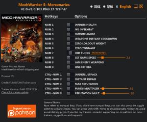 MechWarrior 5: Mercenaries Trainer for PC game version  v1.0.181