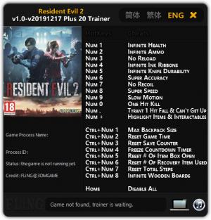 Resident Evil 2 Remake Trainer for PC game version v1.0 Update 17.12.2019