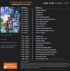 Ys VIII: Lacrimosa of DANA Trainer for PC game version v2020.01.19