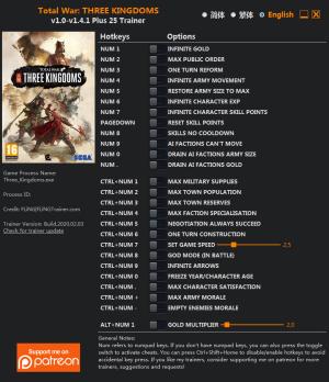 Total War: THREE KINGDOMS Trainer for PC game version v1.4.1