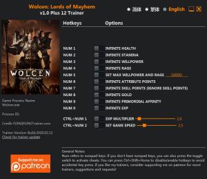 Wolcen: Lords of Mayhem Trainer for PC game version  v1.0