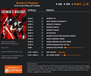 Daemon X Machina Trainer for PC game version v1.0.1