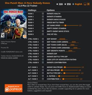 One Punch Man: A Hero Nobody Knows Trainer for PC game version v1.0