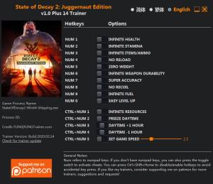 State of Decay 2: Juggernaut Edition Trainer for PC game version v1.0