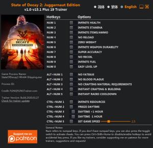 State of Decay 2: Juggernaut Edition Trainer for PC game version v15.1