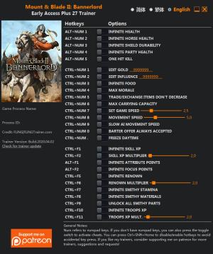 Mount and Blade 2: Bannerlord Trainer for PC game version v2020.04.02