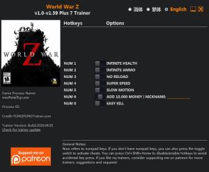 World War Z Trainer for PC game version v1.59
