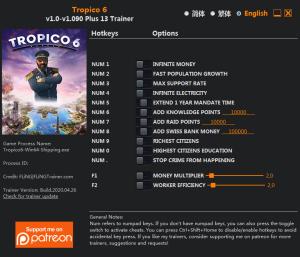 Tropico 6 Trainer for PC game version v1.090
