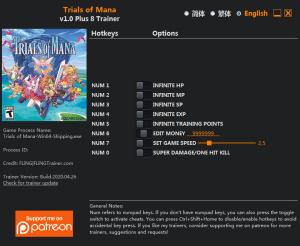 Trials of Mana Trainer for PC game version v1.0