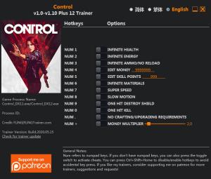 Control Trainer for PC game version v1.10