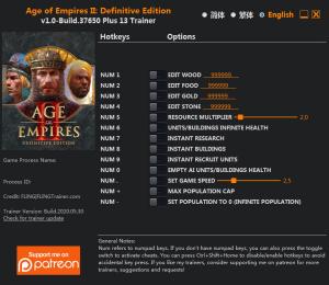 Age of Empires II: Definitive Edition Trainer for PC game version Build 37650