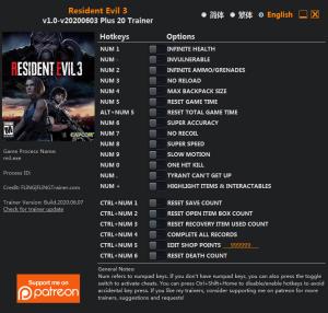 Resident Evil 3 Trainer for PC game version v2020.06.07