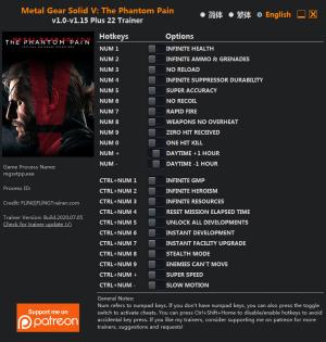 Metal Gear Solid 5: The Phantom Pain Trainer for PC game version v1.15