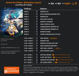 Sword Art Online: Alicization Lycoris Trainer for PC game version v1.0