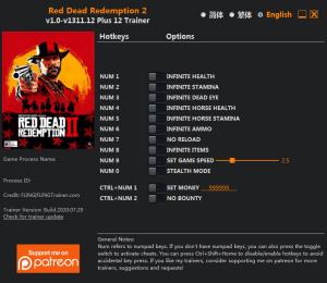 Red Dead Redemption 2 Trainer for PC game version v1311.12