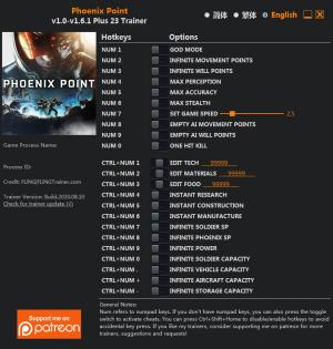 Phoenix Point Trainer for PC game version v1.6.1