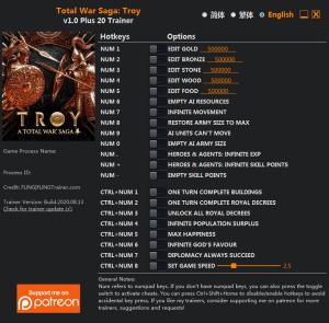 Total War Saga: Troy Trainer for PC game version v1.0