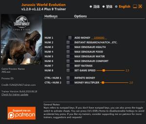 Jurassic World Evolution Trainer for PC game version v1.12.4