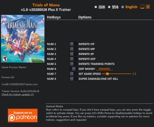 Trials of Mana Trainer for PC game version v2020.08.26