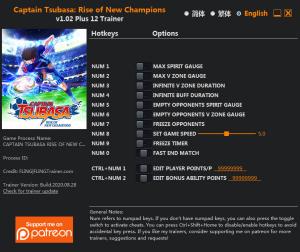 Captain Tsubasa: Rise of New Champions Trainer for PC game version v1.02