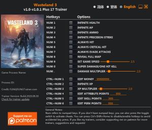Wasteland 3 Trainer for PC game version v1.0.1