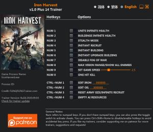 Iron Harvest Trainer for PC game version v1.0