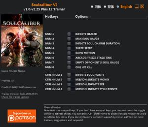 Soulcalibur VI Trainer for PC game version v2.25