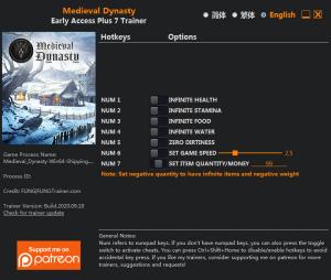 Medieval Dynasty Trainer for PC game version Early Access 2020.09.18