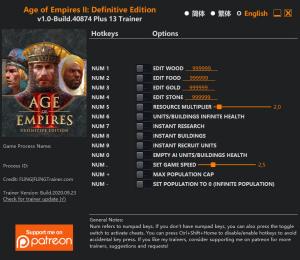 Age of Empires II: Definitive Edition Trainer for PC game version Build 40874