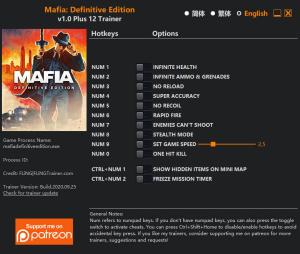 Mafia: Definitive Edition Trainer for PC game version v1.0