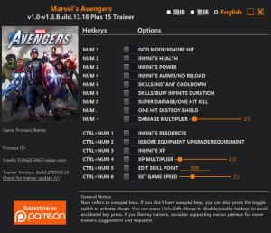 Marvel's Avengers Trainer for PC game version  v1.3 Build.13.18