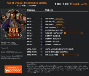 Age of Empires III: Definitive Edition Trainer for PC game version  v1.0