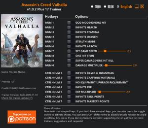 Assassin's Creed: Valhalla Trainer for PC game version v1.0.2