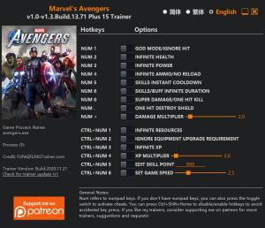 Marvel's Avengers Trainer for PC game version v1.3 Build.13.71