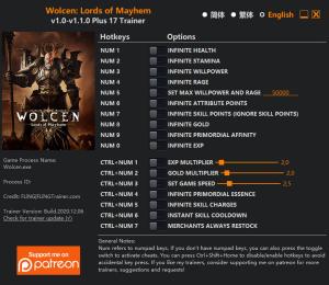 Wolcen: Lords of Mayhem Trainer for PC game version v1.1.0