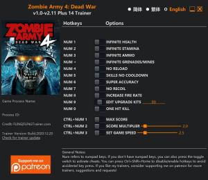 Zombie Army 4: Dead War Trainer for PC game version v2.11
