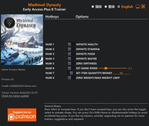 Medieval Dynasty Trainer for PC game version Early Access v0.3.0.2