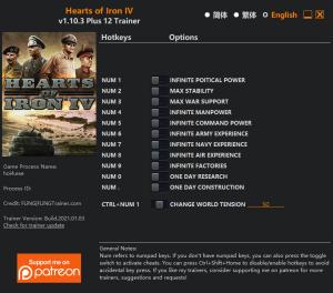 Hearts of Iron 4 Trainer for PC game version v1.10.3