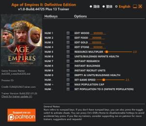 Age of Empires II: Definitive Edition Trainer for PC game version Build 44725