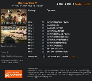 Hearts of Iron 4 Trainer for PC game version v1.10.4
