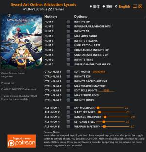 Sword Art Online: Alicization Lycoris Trainer for PC game version v1.30