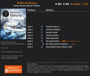 Medieval Dynasty Trainer for PC game version Early Access v0.4.0