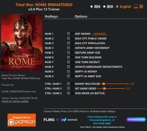 Total War: Rome Remastered Trainer for PC game version v2.0