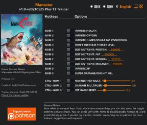Maneater Trainer for PC game version v2021.05.25