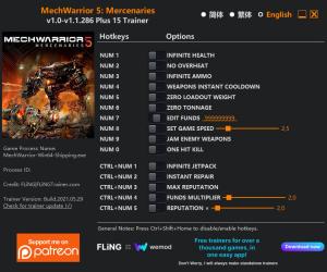 MechWarrior 5: Mercenaries Trainer for PC game version v1.1.286