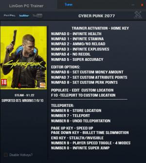 Cyberpunk 2077 Trainer for PC game version v1.22